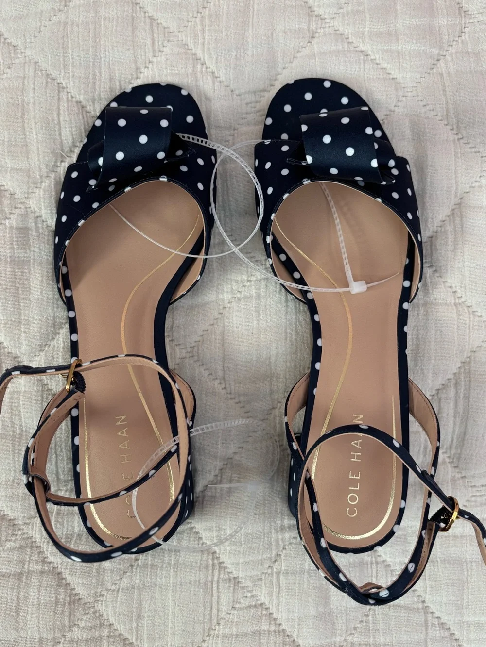 NWOT Cole Hann Fanya Florette Sandal Heels In Navy White Polka Dot Satin Sz 9 -